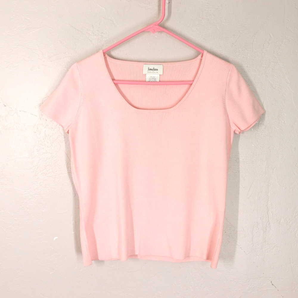 Neiman Marcus Top Women M Pink Silk Blend Short Sleeve Scoop Neck Pullover